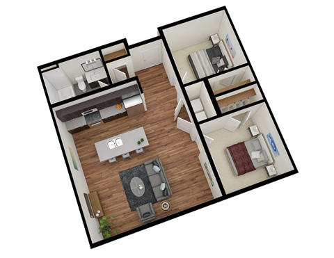 Floor plan for 2 beds, 1 bath, 822 sqft